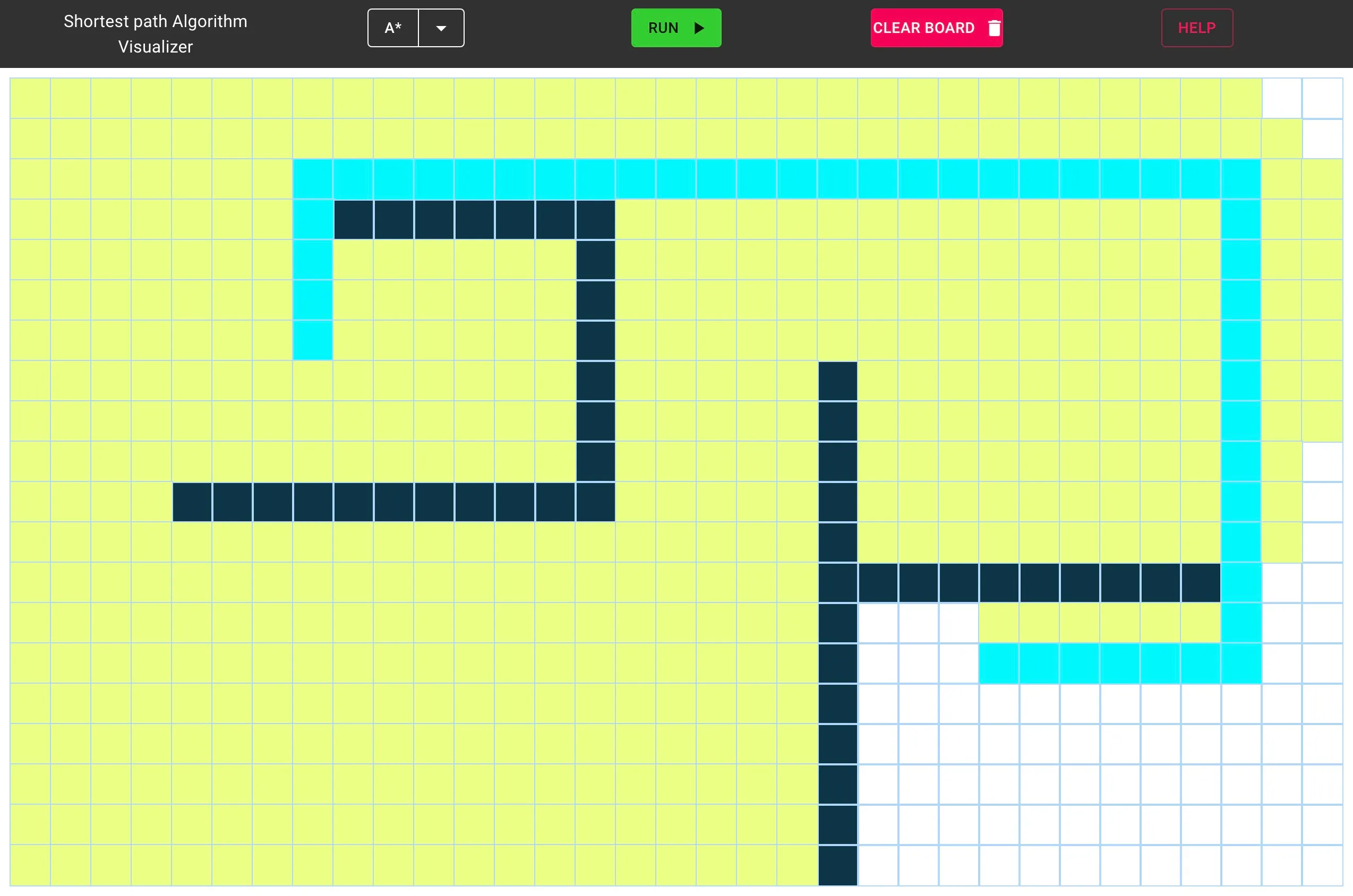 The algorithm visualizer website. It shows a grid where a shortest path has been found by searching outwards and through inpenetrable walls