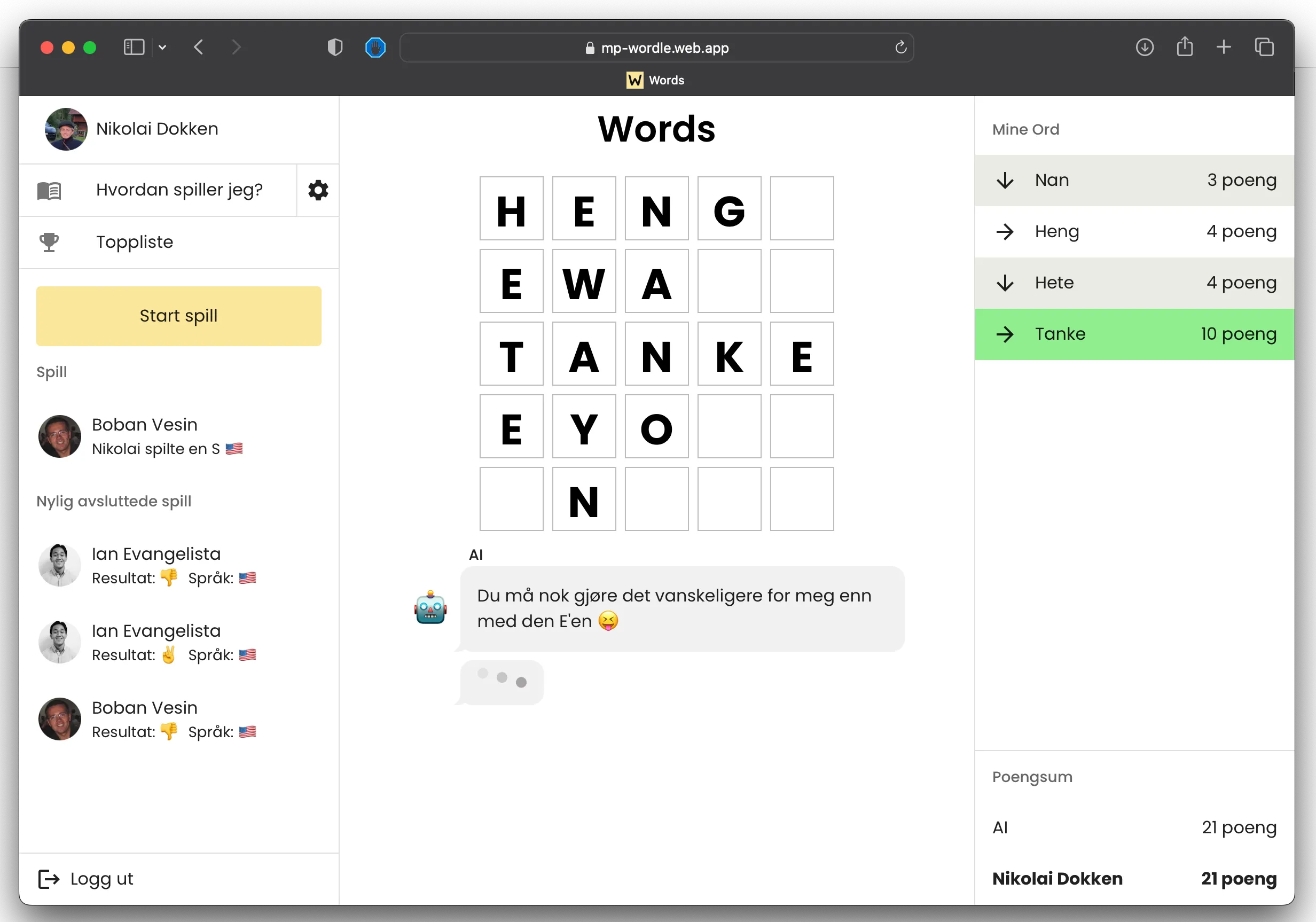 The game grid and UI